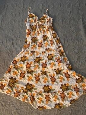 Y2K Floral White Maxi Dress with Brown & Yellow Floral Print